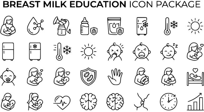 Healthcare Breast Milk Education Line Art Icons. Motherhood, Baby Care, Breastfeeding, Storage  Development Outline Vector Symbols Package.