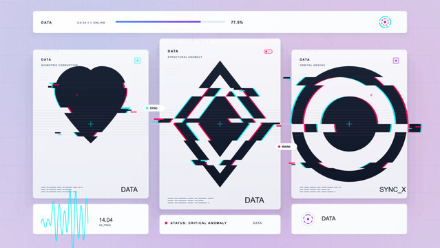 Futuristic glitch data interface with distorted heart, diamond, and circular symbols, neon cyan and magenta accents on pale grid background