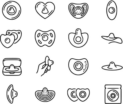 Black and White Line Art Icons of Breast Pump Shields and Accessories for Maternity