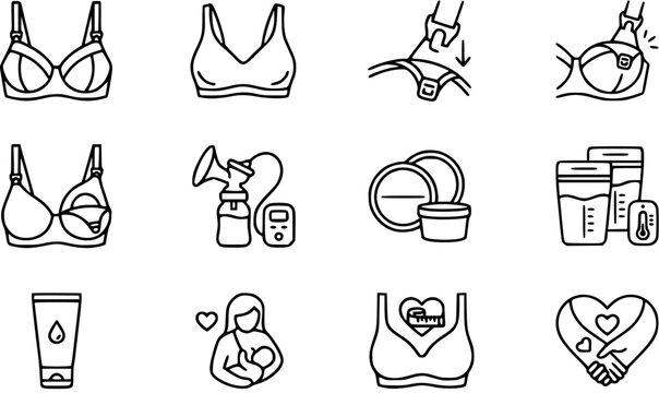 Maternity and Breastfeeding Line Art Icons Set: Pregnancy, Nursing Bras, Breast Pumps, Baby Care, and Support Outline Symbols Collection.