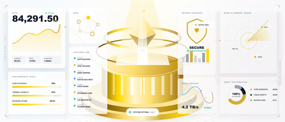 Futuristic gold data dashboard with glowing podium, faceted crystal pyramid, orbit rings, security shield, and analytics panels on pale grid © Антон Сальников
