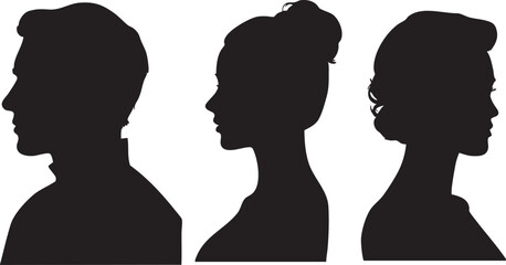A collection of three anonymous black profile silhouettes featuring one man looking left and two women looking right with different hairstyles stands out against a stark white backdrop. © IconicWave