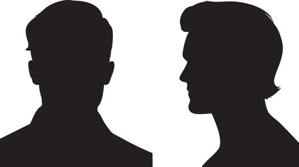 Fototapeta premium Two distinct black silhouettes representing male heads and upper bodies are presented on a crisp white background, featuring both a rear and a profile view of men.