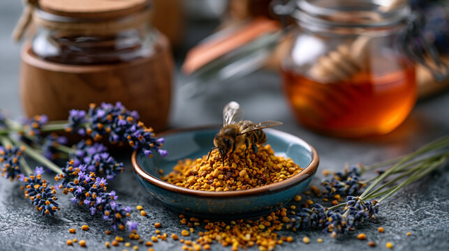 A small ceramic dish of bee pollen granules beside a wooden honey jar and a sprig of lavender, bee pollen, ceramic dish, honey jar, lavender sprig, natural supplement, immunity,