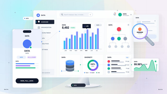 Human resources data dashboard vector banner with desktop and mobile screens, charts, org diagram, magnifier, and business software interface