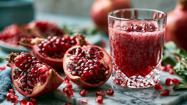 A composition of pomegranate halves, seeds and a juice glass on a marble surface, pomegranate halves, ruby seeds, juice glass, marble surface, antioxidant, vitamin c, vibrant