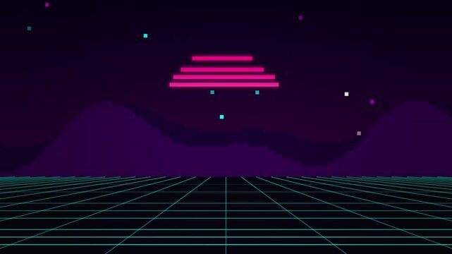 Retro 80s Synthwave Landscape With Glowing Neon Sun And Digital Grid