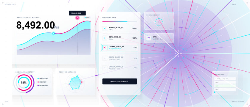 Futuristic warp velocity dashboard with neon hyperspace light tunnel, line charts, circular gauges, waypoint panel, and system log interface