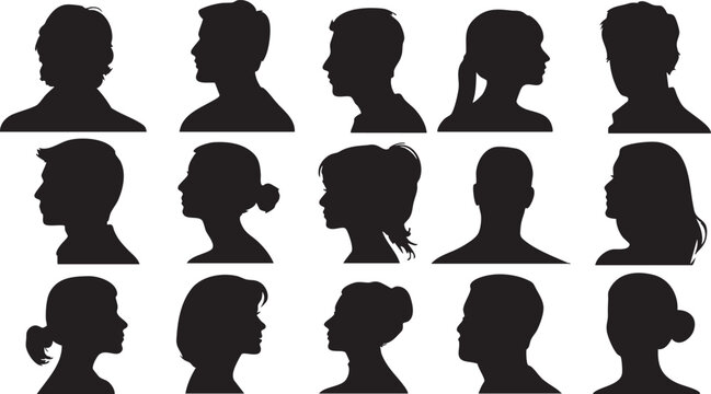A grid of fifteen varied black silhouette profiles of men and women displays a spectrum of hairstyles, from short to elaborate up dos.