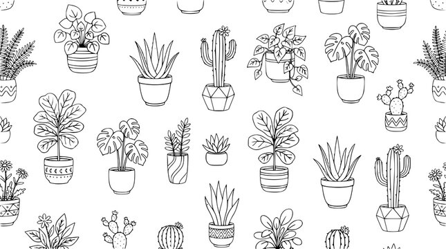 Modern cute flower pot doodle seamless pattern with botanical house plants vector design