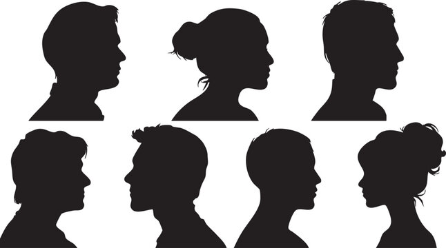 A group of seven distinct black silhouette profiles, including men and women with varied hairstyles, are arranged in a balanced composition on white.