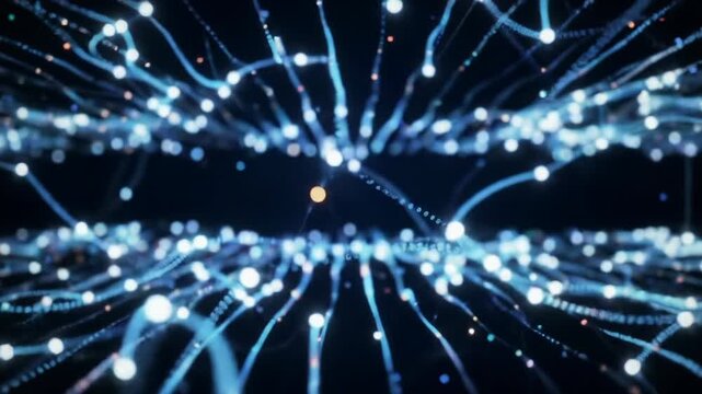 Luminous data particles resembling iridescent energy currents and stylized network connections elegantly flow in a deep, dark digital abyss with sharp foreground and stunning bokeh background,