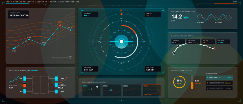 Dark space rover command HUD with terrain route map, circular navigation display, robotic arm telemetry, solar gauge and science task panels