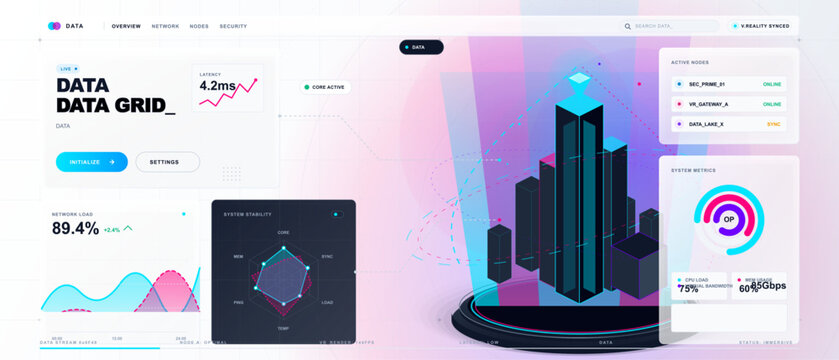 Futuristic data grid dashboard with holographic city skyline, neon orbit lines, network charts, active node panels and white grid backdrop