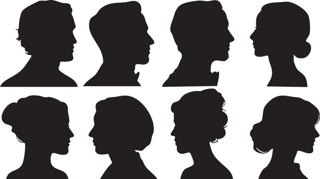 A horizontal arrangement of eight black silhouette profiles of individuals, featuring varied hairstyles and presumed genders, against a white backdrop.
