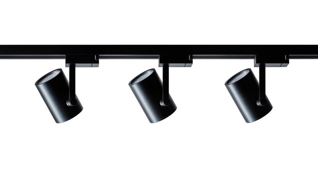 Three black cylindrical LED track lights mounted on a black rail, isolated on transparent background