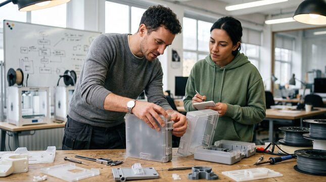 Designers testing clip joints on a lightweight electronics casing demonstrating quick assembly and disassembly for ecofriendly packaging innovations.