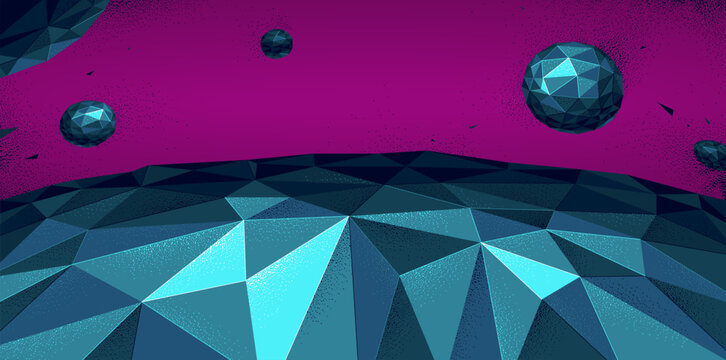 Low poly illustration of a planet terrain with satellites flying in space, vector wallpaper art of sci-fi astronomy, science fiction background.