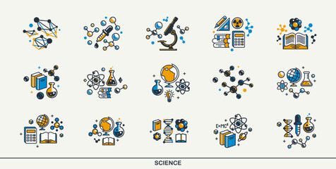 Fototapeta premium Science vector detailed icons set, molecules and atoms laboratory experiment, book university study, flask and tube experiment.