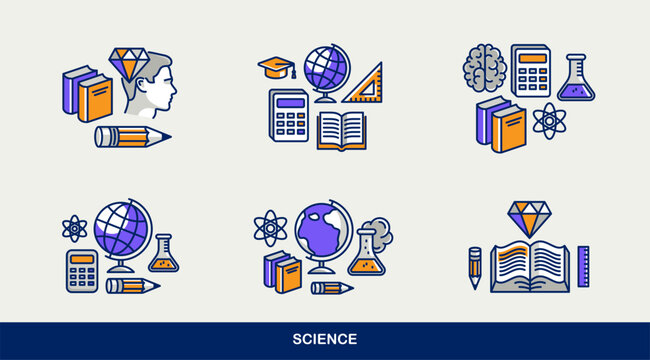 Science and education vector icons set, physics and chemistry, mathematics and geography, research and experiments.