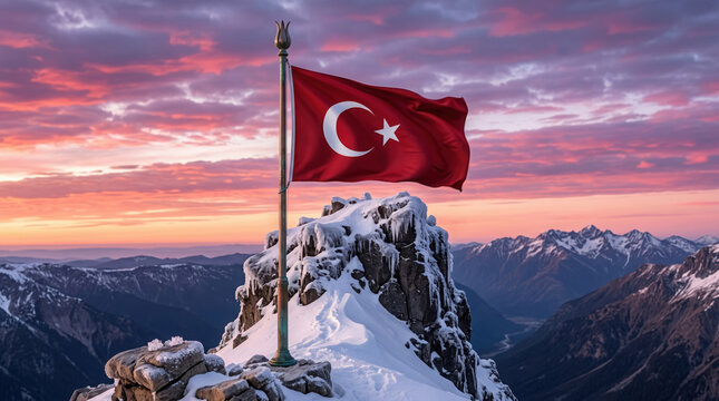 The national flag of turkey waving on a flagpole at the summit of a snow-covered mountain at sunset