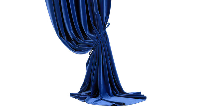 Deep blue velvet curtain tied with a cord, isolated on transparent background