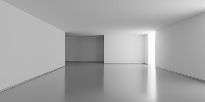 Large empty white room background with bright window, modern empty interior or product presentation template with copy space