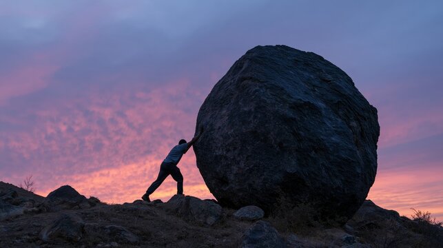 Conceptual image of a lone figure straining to move a massive rock up a steep slope during a vibrant sunset.