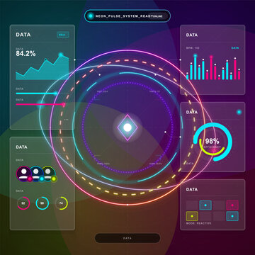 Neon pulse HUD dashboard with glowing concentric rings, data panels, bar charts, efficiency gauge and cyber interface on dark background.