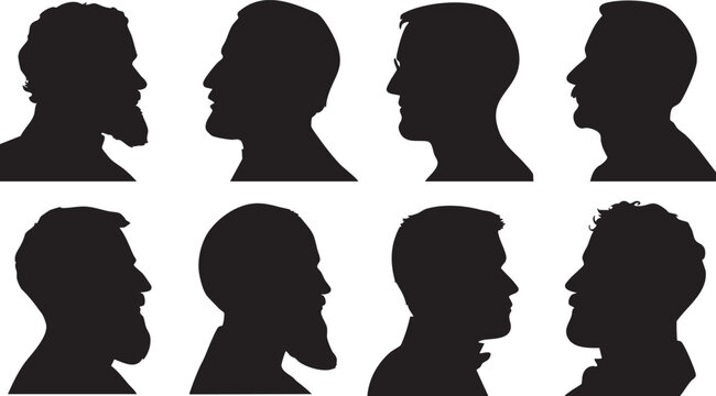 A collection of eight black silhouettes representing male profiles with different beard styles and haircuts, arranged on a white background.