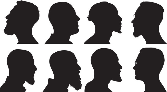 A group of eight black silhouettes featuring male profiles with varied hairstyles and beard styles against a plain white background.