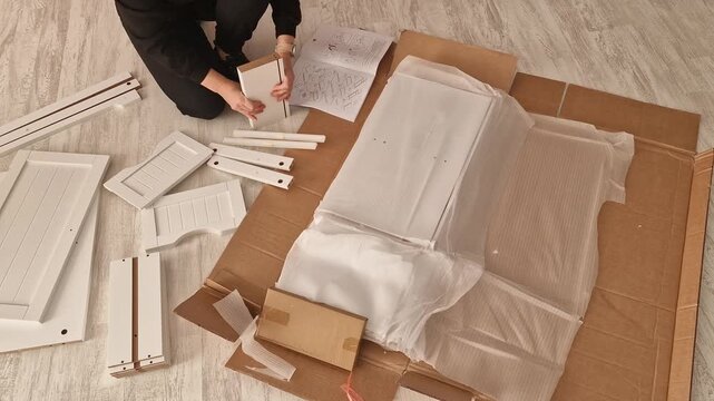 Top view of DIY furniture assembly process. Young woman carefully examines details and instructions while decorating interior. Footage is ideal for DIY, renovation, home buying and creating comfort th