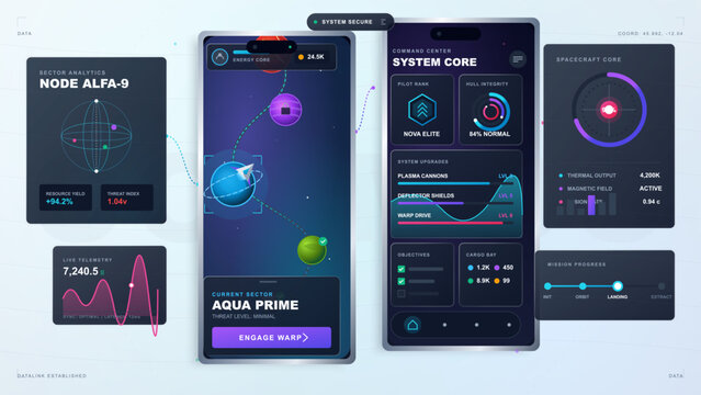 Futuristic space game interface with command dashboards, planet route map, spacecraft core metrics, telemetry charts and mission progress panels.