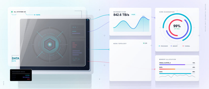Futuristic tech case interface with large device screen, network flow chart, core diagnostics gauge and memory allocation panels on white grid.