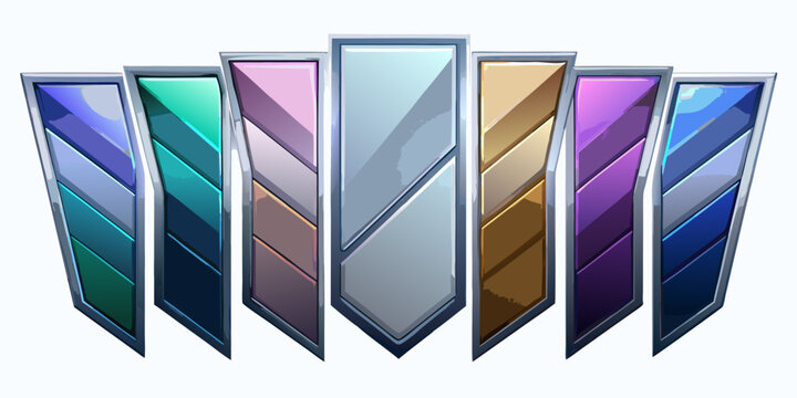 Achievement rank badges and level up shield icons, vector