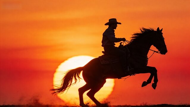 Cowboy riding horse at sunset