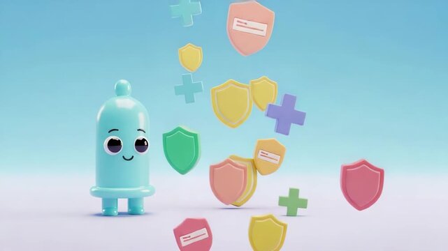 3D green condom character surrounded by protective shields and medical cross icons