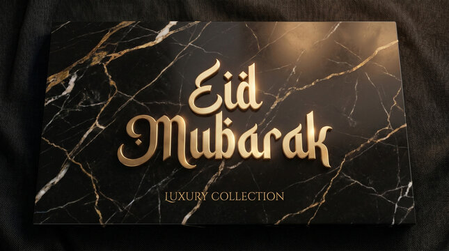 Luxury Eid Mubarak Typography on Black Marble Background with Metallic Gold Effect and Elegant Lighting