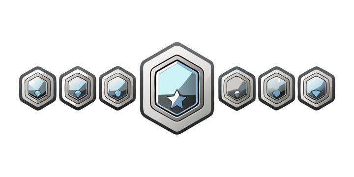 Silver hexagonal game ranking achievement icons set, vector