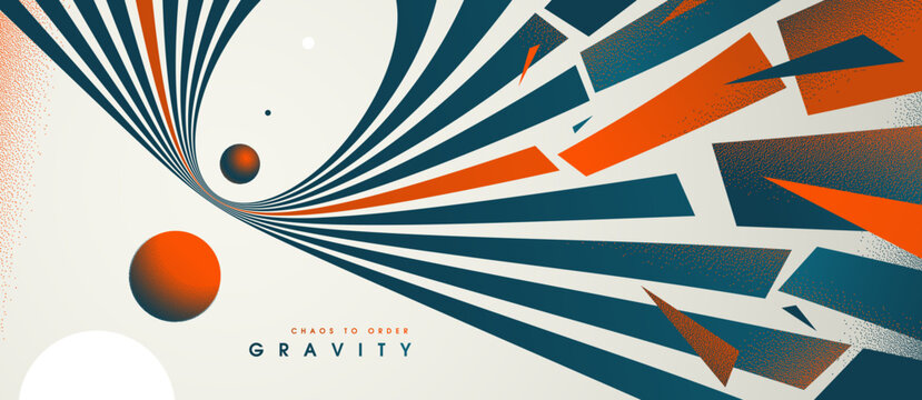 Abstract gravity concept showing pull, tension, and momentum as elements flow toward a center, transforming chaos into structured balance and direction.