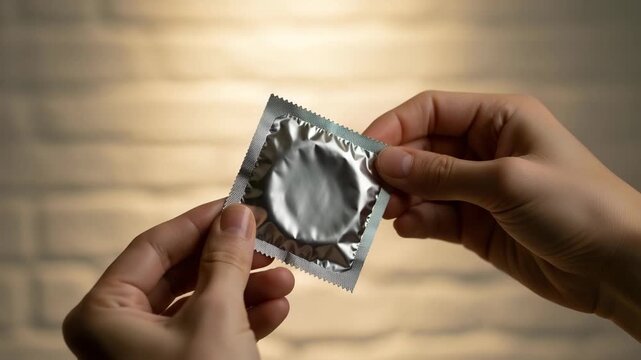 Close up of hands carefully holding a silver foil condom packet