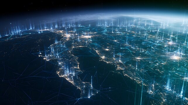 Futuristic megacity continent glows a serene vision of global digital network innovation at night