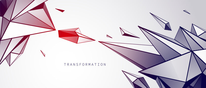 Transformation driven by tension and contrast. Sharp geometric fragments collide and break structure, expressing decisive change, conflict and critical transition moments.