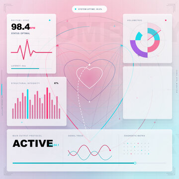Futuristic heart monitoring interface with wireframe heart mesh, pulse line, BPM readout, diagnostic charts, and pastel medical HUD background