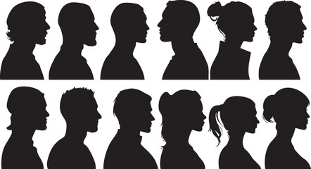 A diverse collection of twelve human head silhouettes in profile stands boldly against a clean white background showcasing various anonymous male and female individuals © IconicWave