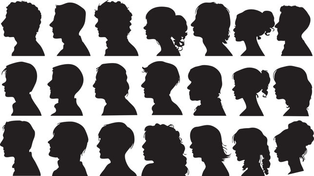 A grid of twenty four black silhouettes displaying diverse male and female profiles with varied hairstyles against a plain white backdrop.