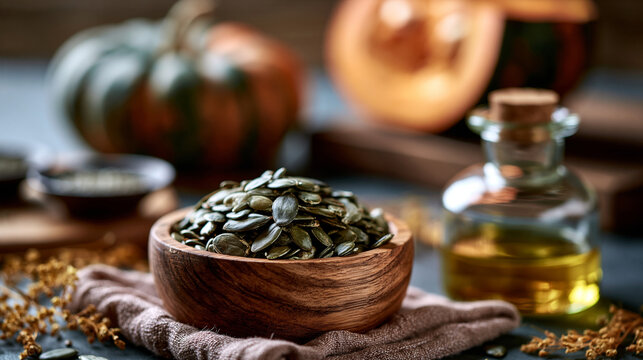A wooden bowl filled with pumpkin seeds beside a small bottle of pumpkin oil on a linen cloth, pumpkin seeds, pumpkin oil, wooden bowl, linen cloth, vitamin e, healthy fats,