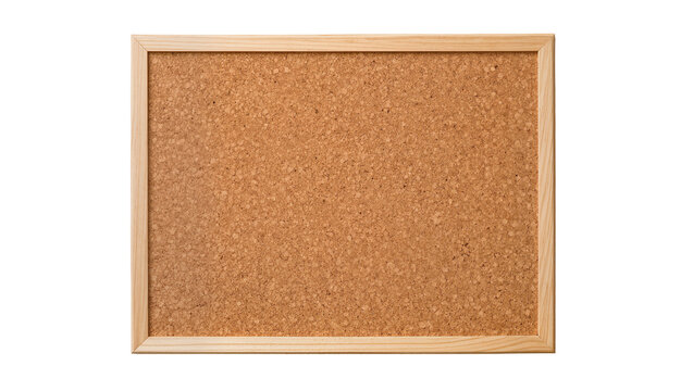 Natural cork bulletin board with light wood frame, isolated on transparent background