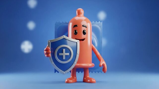 3D orange condom character standing with a protective shield on blue