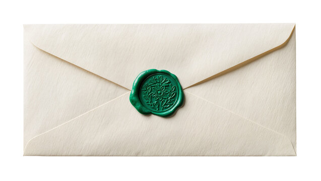 Cream colored envelope sealed with a green wax stamp, isolated on transparent background